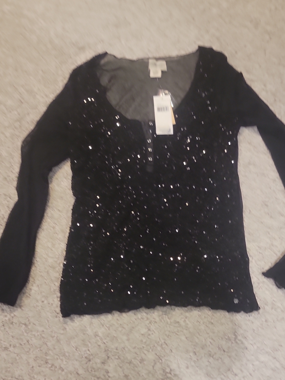 Ralph Lauren Black Sequin Long-Sleeve Henley Top